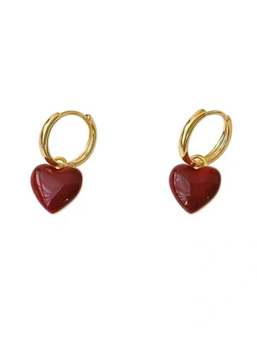 Light Gold +Wine Red [Ear Clasp] Brass Enamel Heart Minimalist Huggie Earring